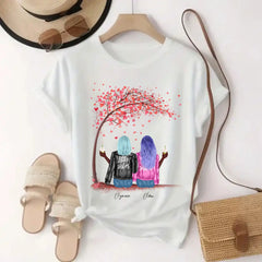 Pink Heart Leaves Personalized Sisters T-Shirt White for 2 sisters