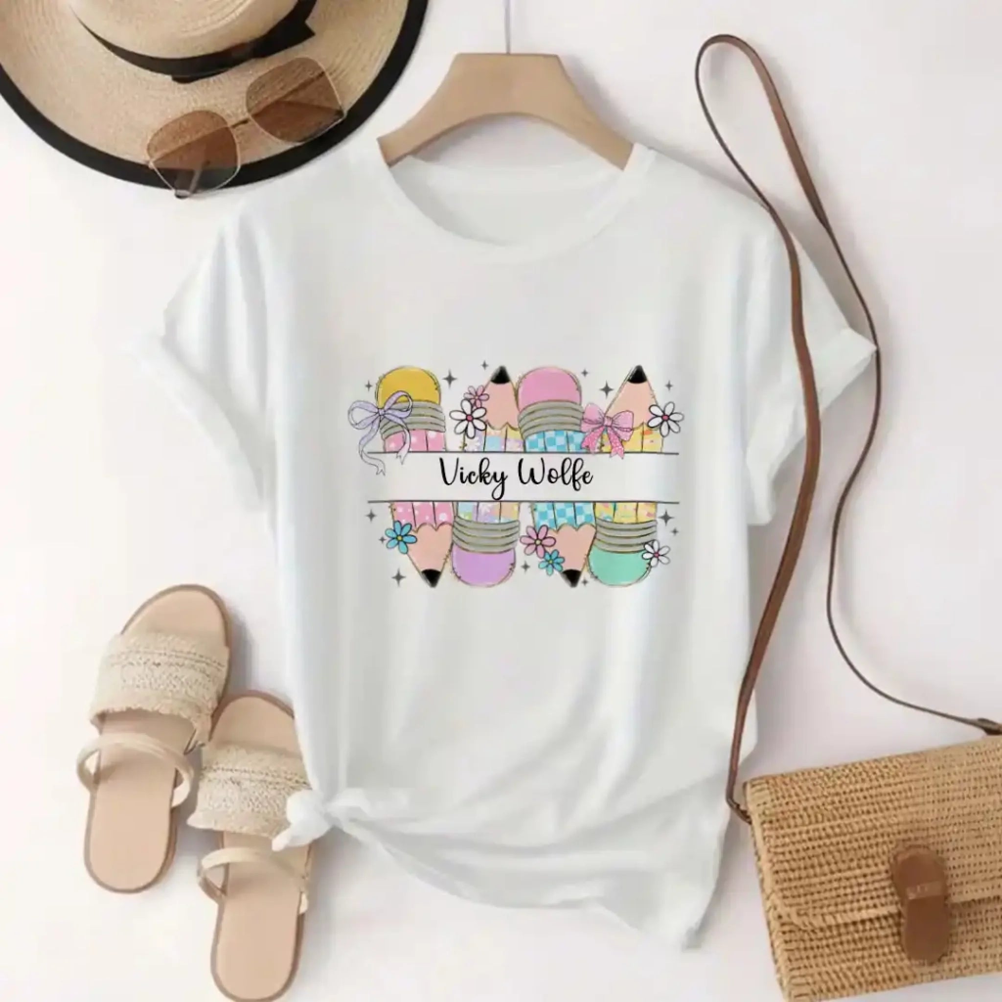 Back To School T Shirt - Pencil Graphics Personalized Tee With Name for School Girl & Teacher