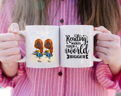Up to 6 Reading Girls Mug - Reading Makes Your World Bigger Personalized Coffee Cups For Best Friends