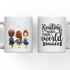 Up to 6 Reading Girls Mug - Reading Makes Your World Bigger Personalized Coffee Cups For Best Friends