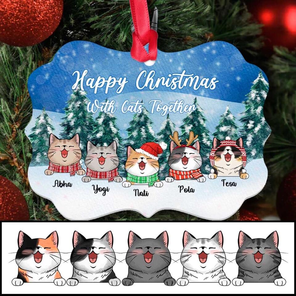 Cat Lover Ornaments - Happy Christmas With Cat Together Personalized Christmas Ornaments