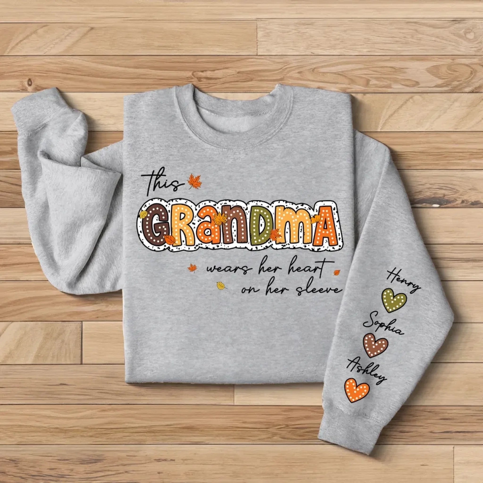 Fall Season This Grandma Wears Her Heart on Her Sleeve Personalized Sweatshirt for grandma (1)