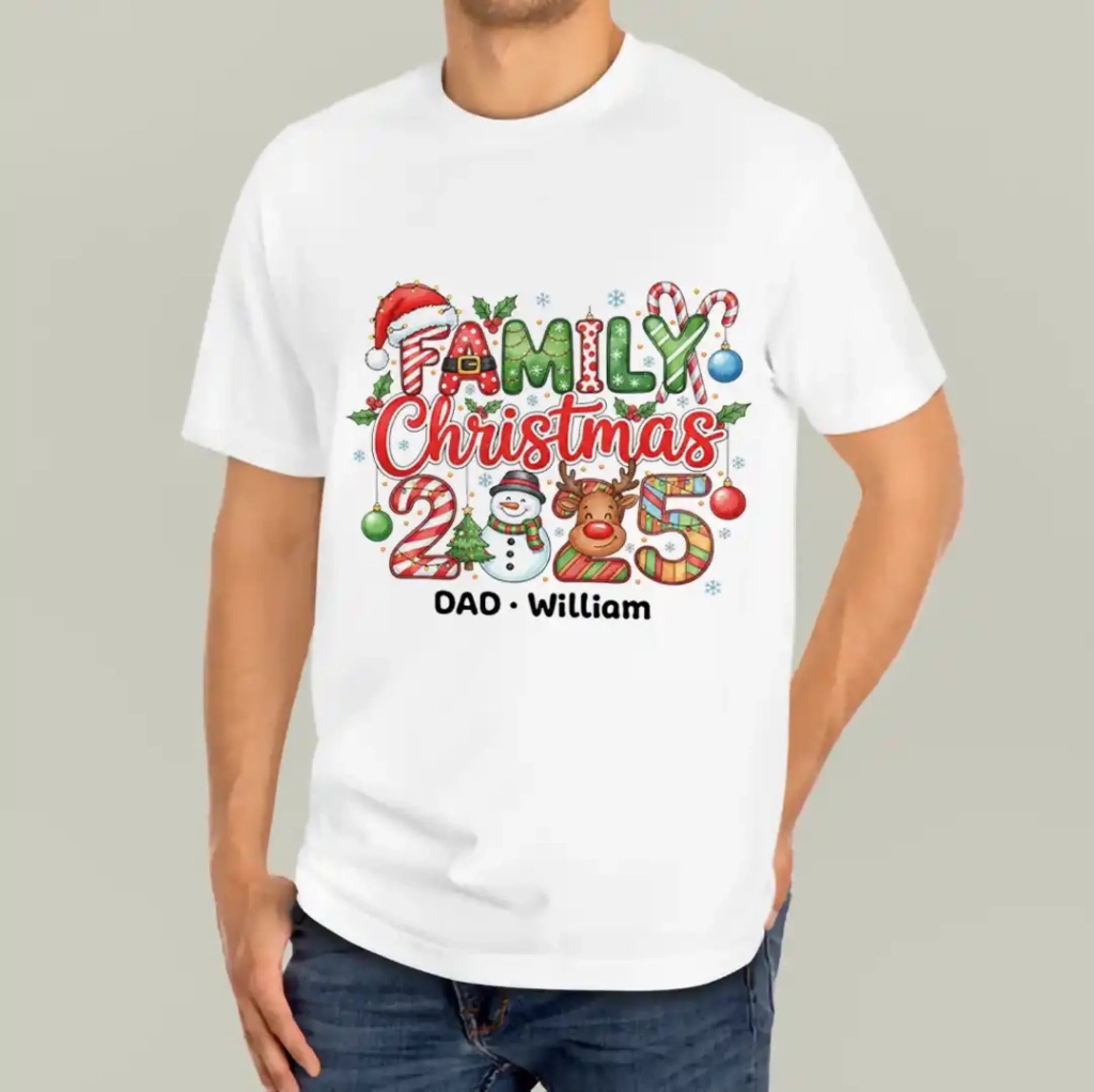 Family Christmas Shirts - Personalized Matching Christmas T Shirts for Dad With Name White