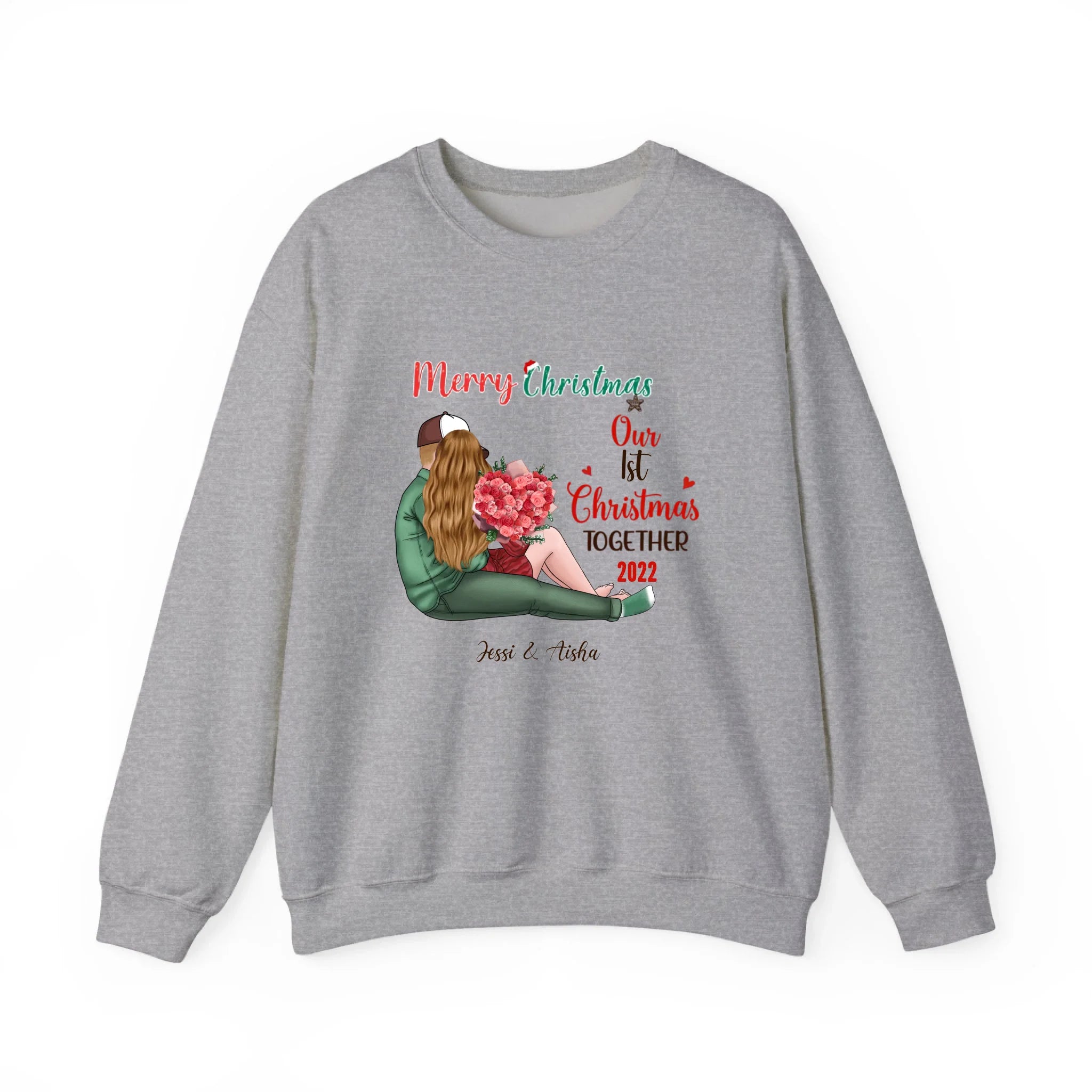 Our First Christmas Together Personalized Christmas Sweatshirt For Couple Sport Grey