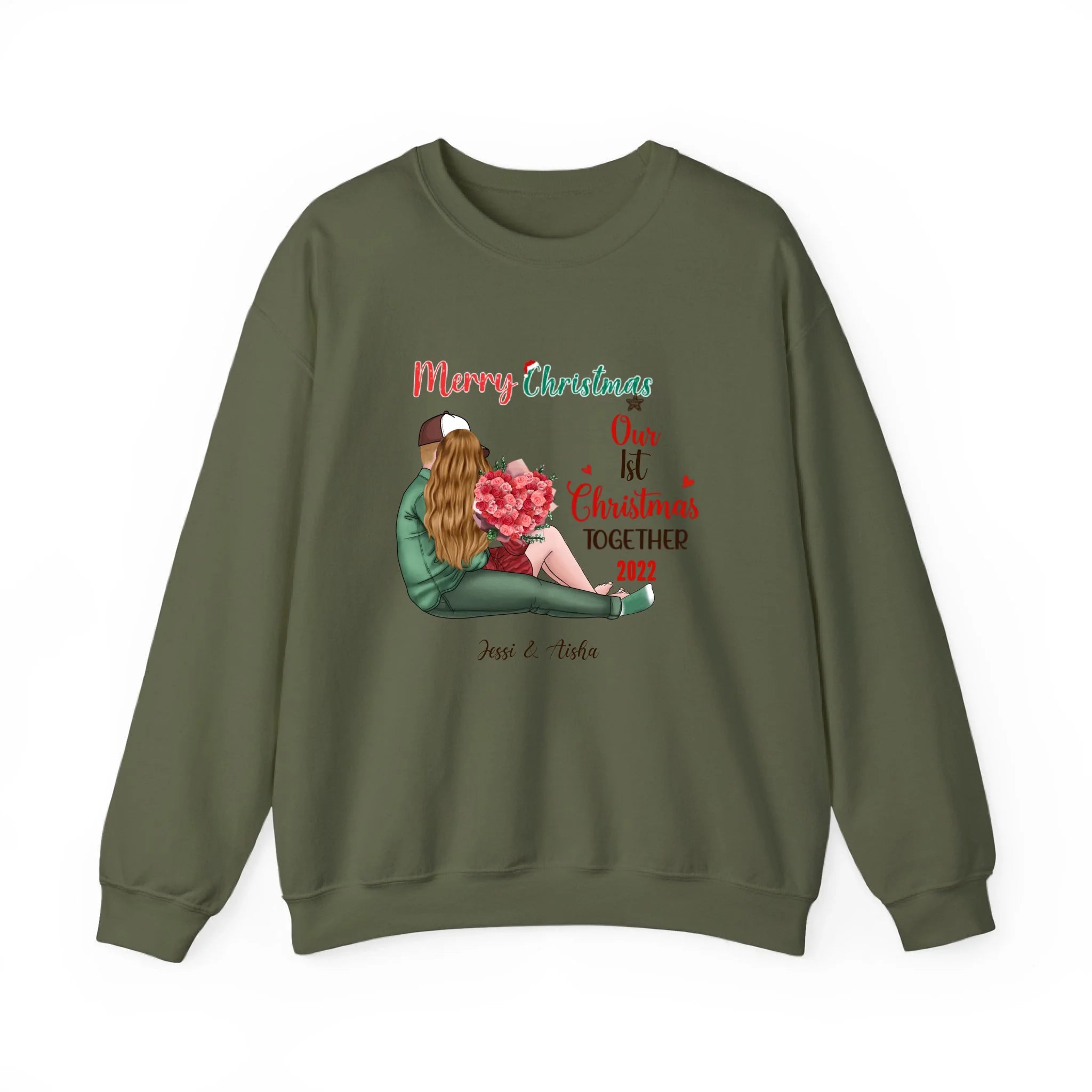 Our First Christmas Together Personalized Christmas Sweatshirt For Couple Military Green