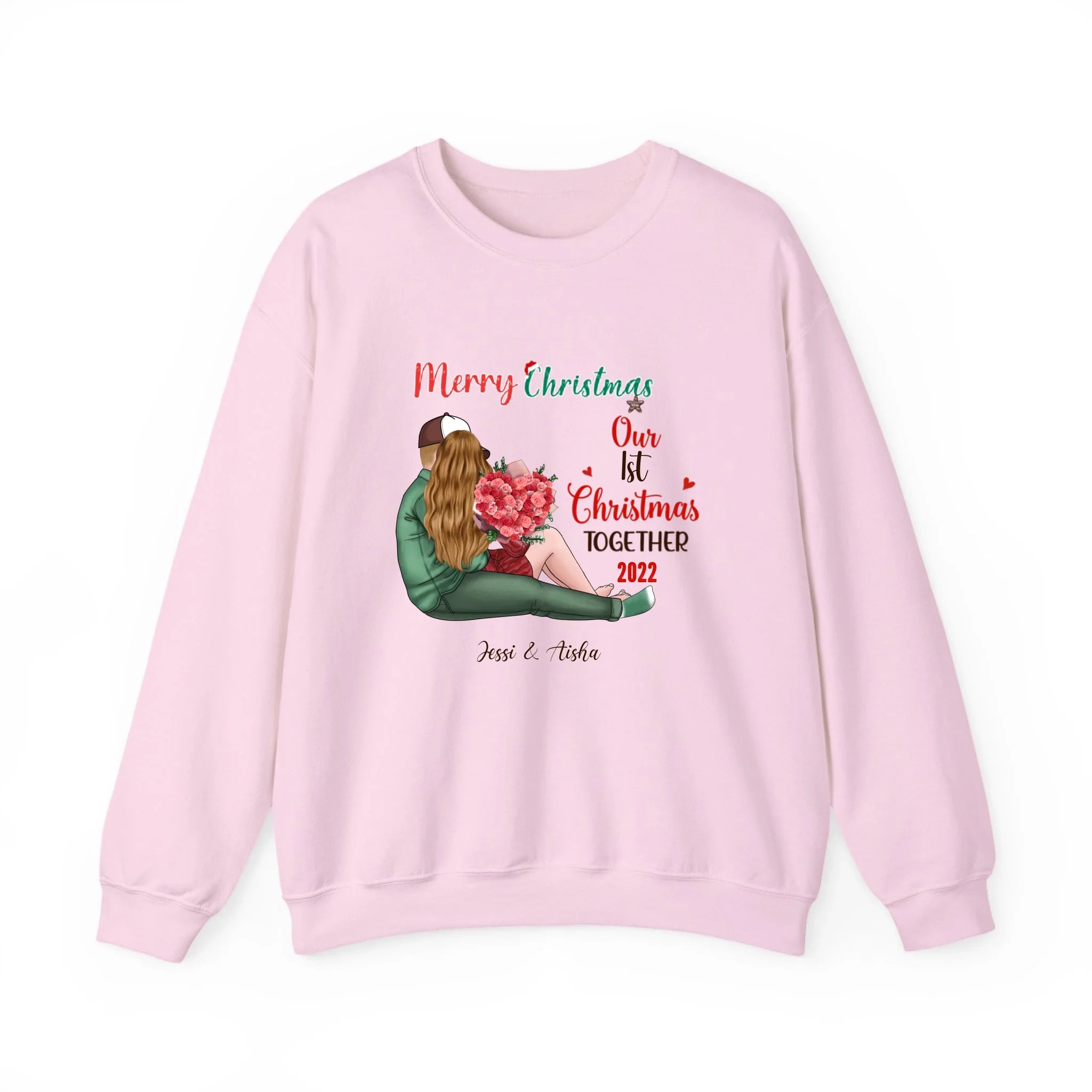 Our First Christmas Together Personalized Christmas Sweatshirt For Couple Light Pink