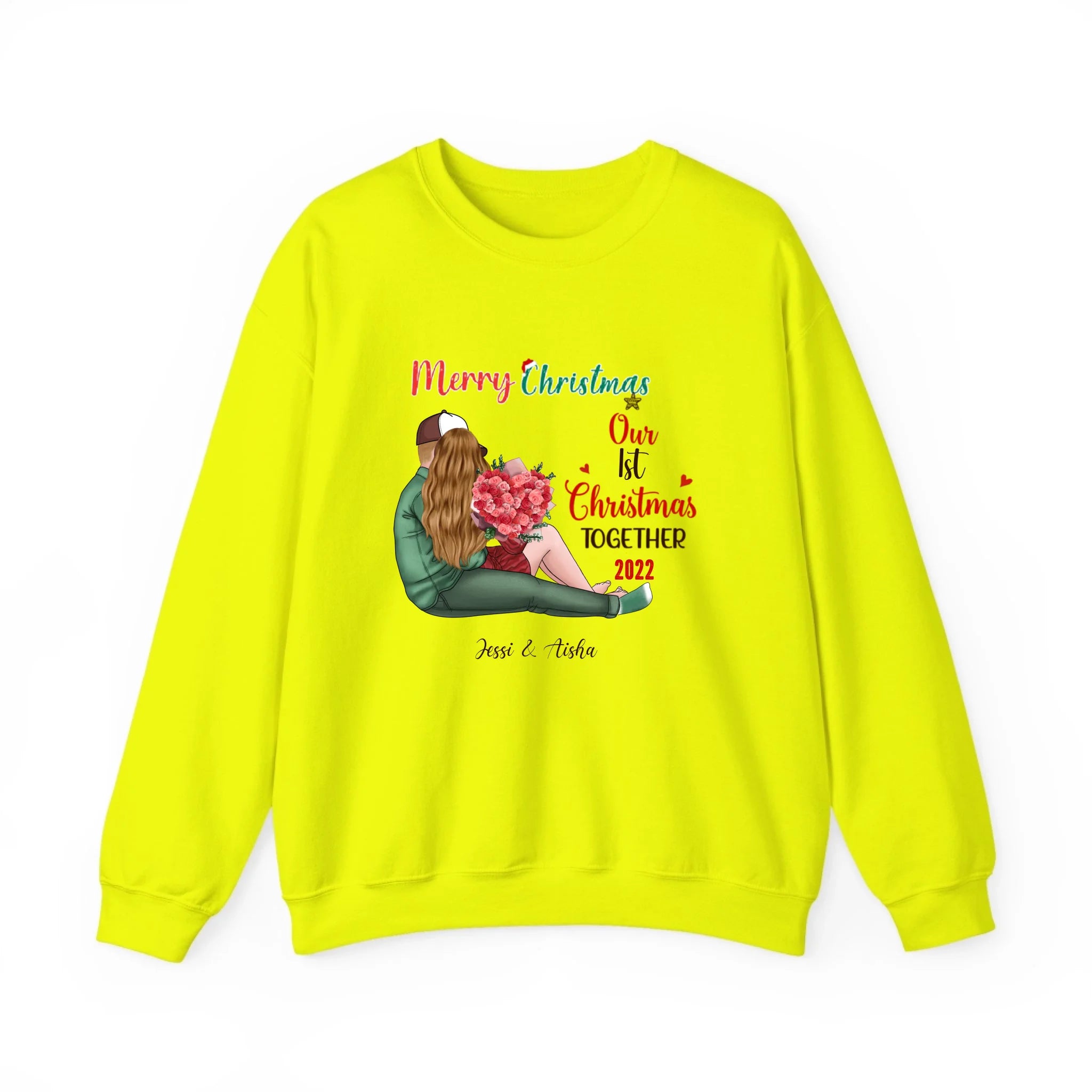 Our First Christmas Together Personalized Christmas Sweatshirt For Couple Safety Green