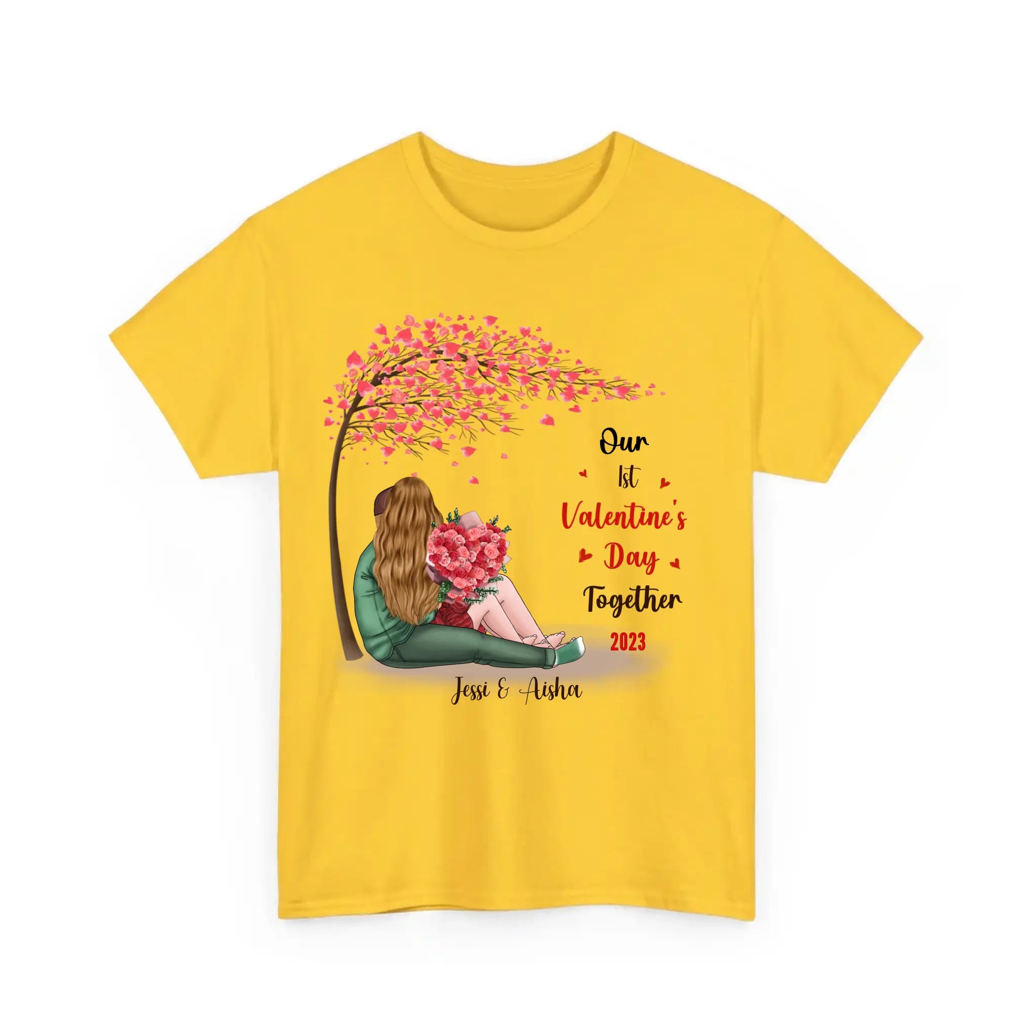 Personalized Couple T Shirts - Our First Valentine's Day T Shirt for Her and Him Gift Yellow(Daisy)