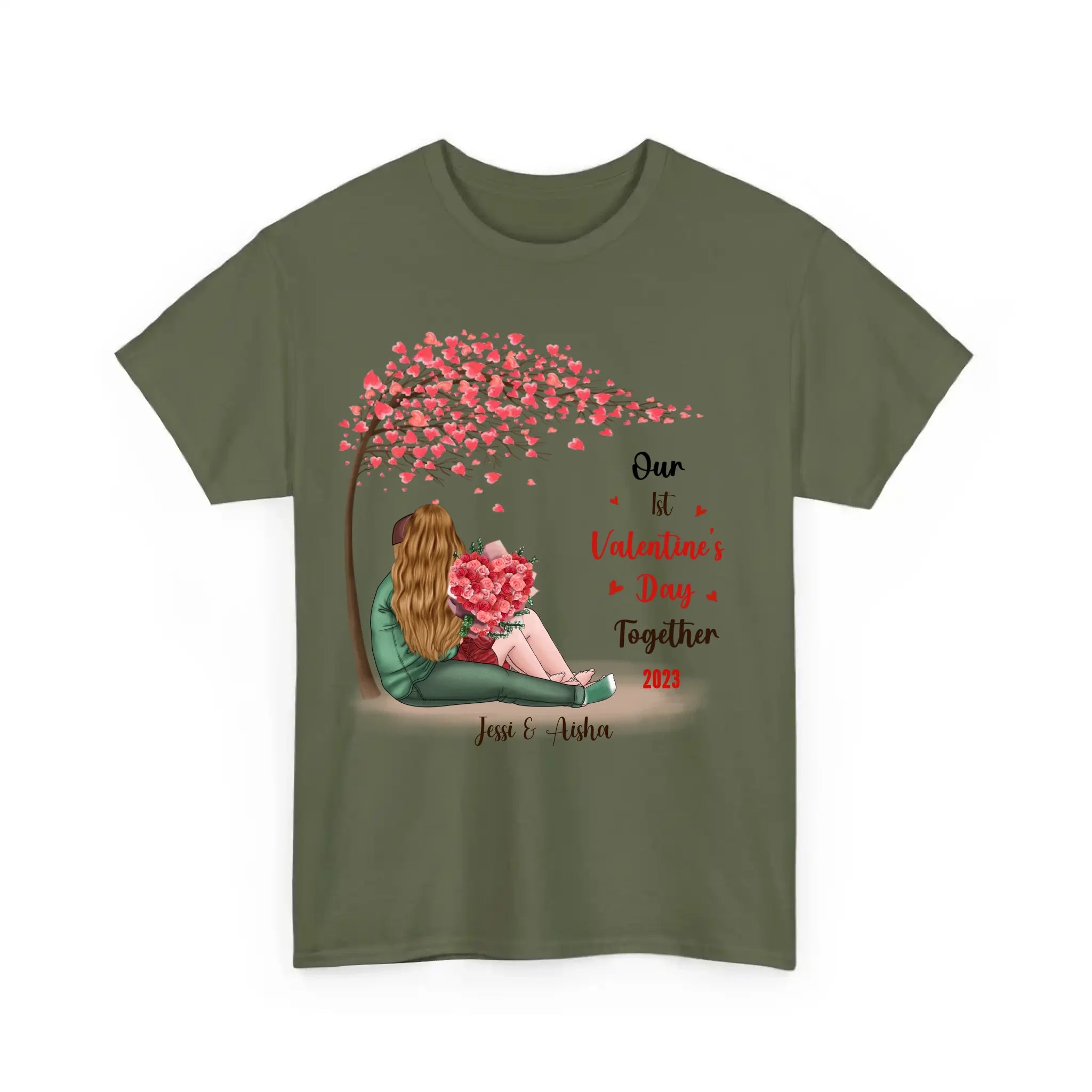 Personalized Couple T Shirts - Our First Valentine's Day T Shirt for Her and Him Gift military Green