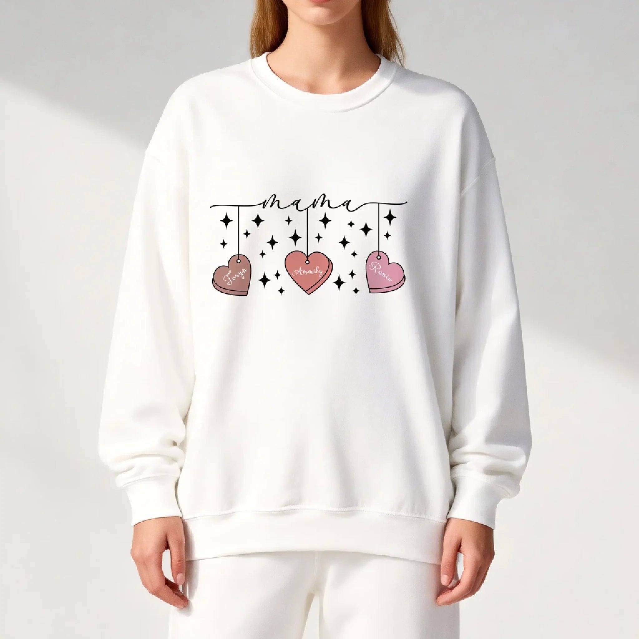 Personalized Mama Crewneck Sweatshirt - Custom Name Hearts Design Up to 9 Names White