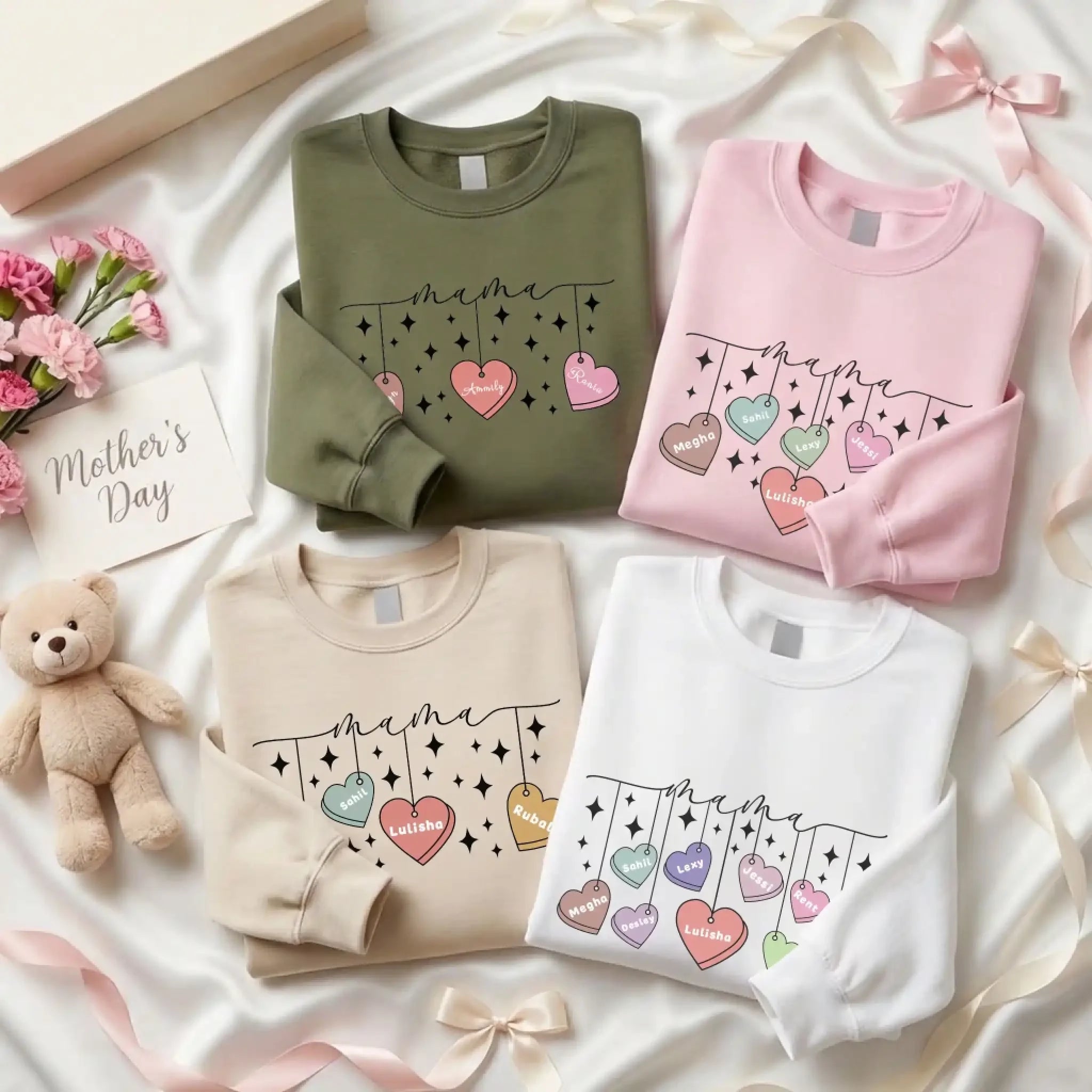 Personalized Mama Crewneck Sweatshirt - Custom Name Hearts Design Up to 9 Names