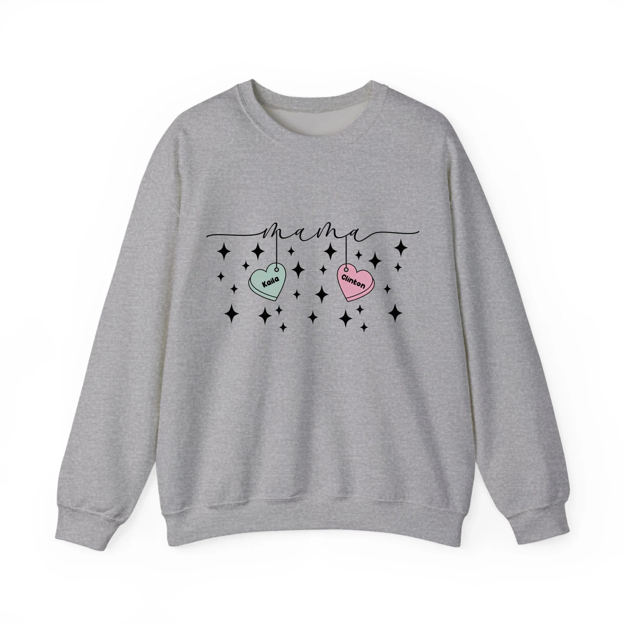 Personalized Mama Crewneck Sweatshirt - Custom Name Hearts Design Up to 9 Names Sport Grey