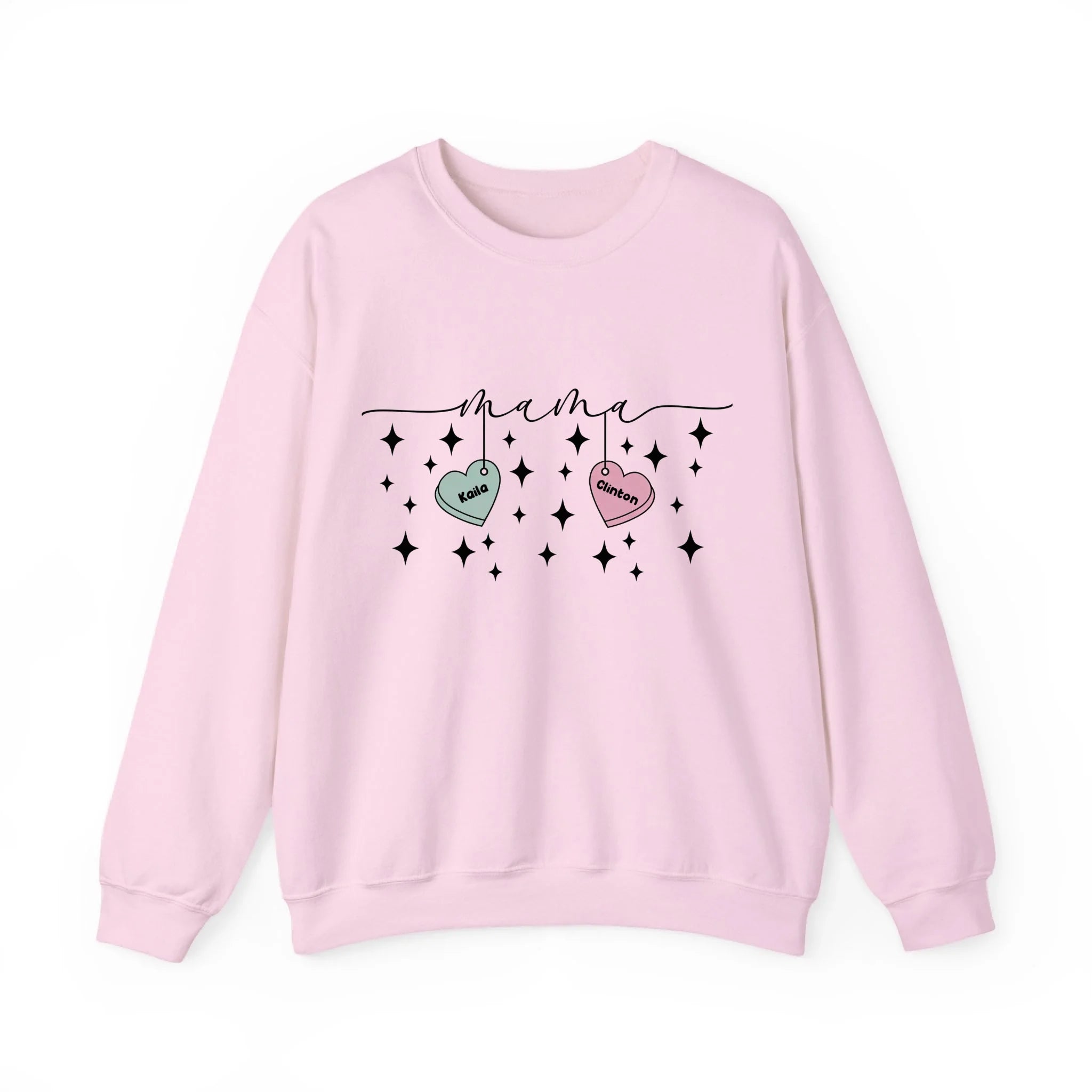 Personalized Mama Crewneck Sweatshirt - Custom Name Hearts Design Up to 9 Names Light Pink