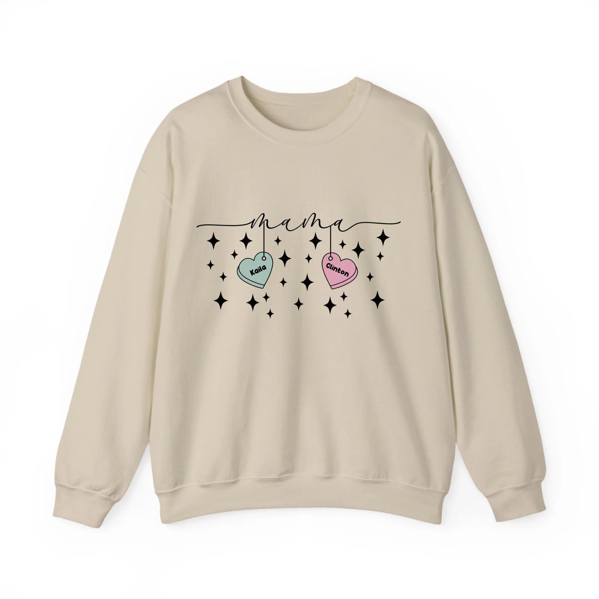Personalized Mama Crewneck Sweatshirt - Custom Name Hearts Design Up to 9 Names Sand