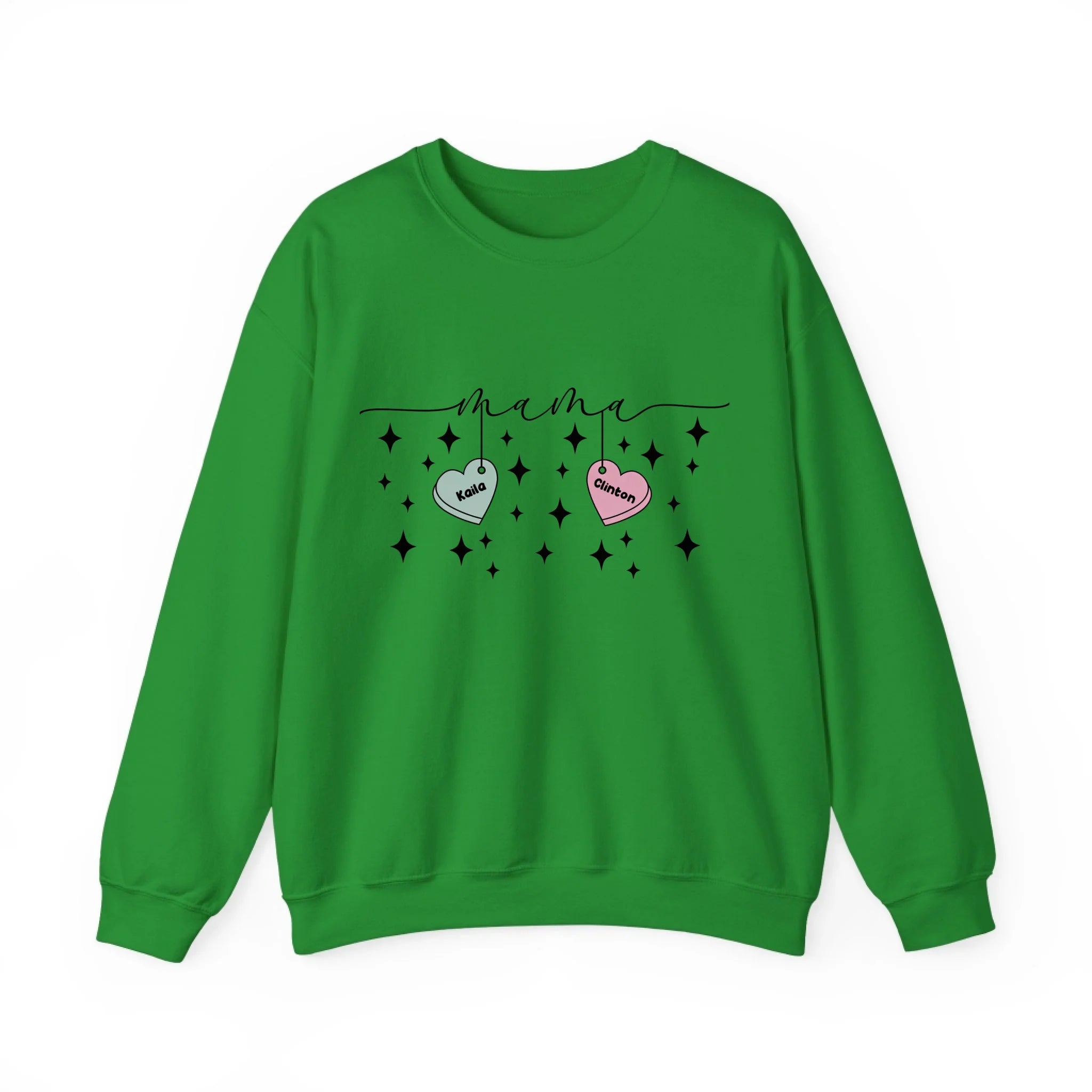 Personalized Mama Crewneck Sweatshirt - Custom Name Hearts Design Up to 9 Names Green