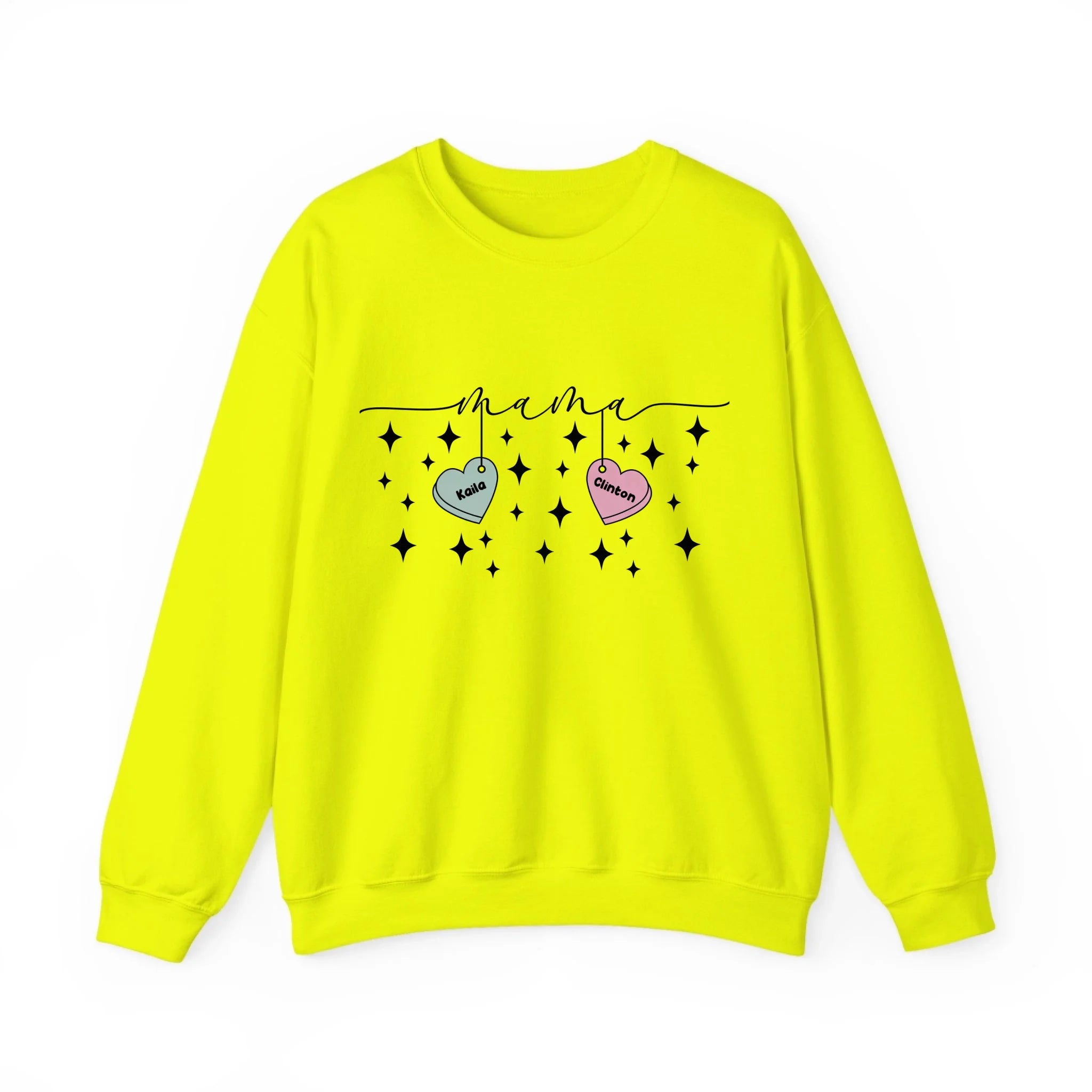 Personalized Mama Crewneck Sweatshirt - Custom Name Hearts Design Up to 9 Names Safety Green