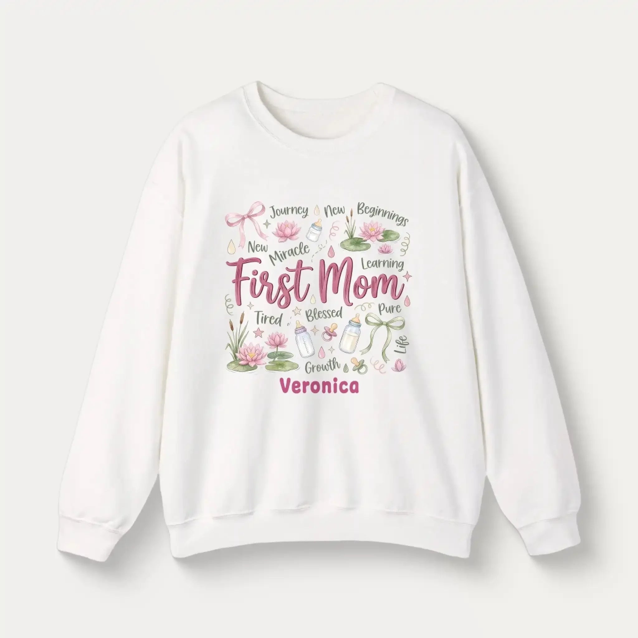 Personalized Botanical Coquette Graphic Sweatshirt - Custom Name Sweatshirt Cotton Mom Gift  White (11)