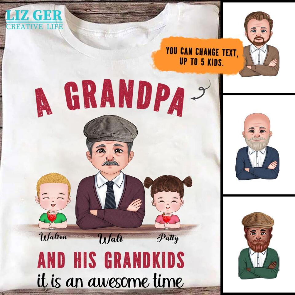 6304e23c0d95a_large_52aea309-d66a-4aae-9db1-7aee54ea2ad2 Personalized Grandfather T-shirt - A Grandpa and His Grandkids It's An Awesome Time Personalized T Shirts - Image 1