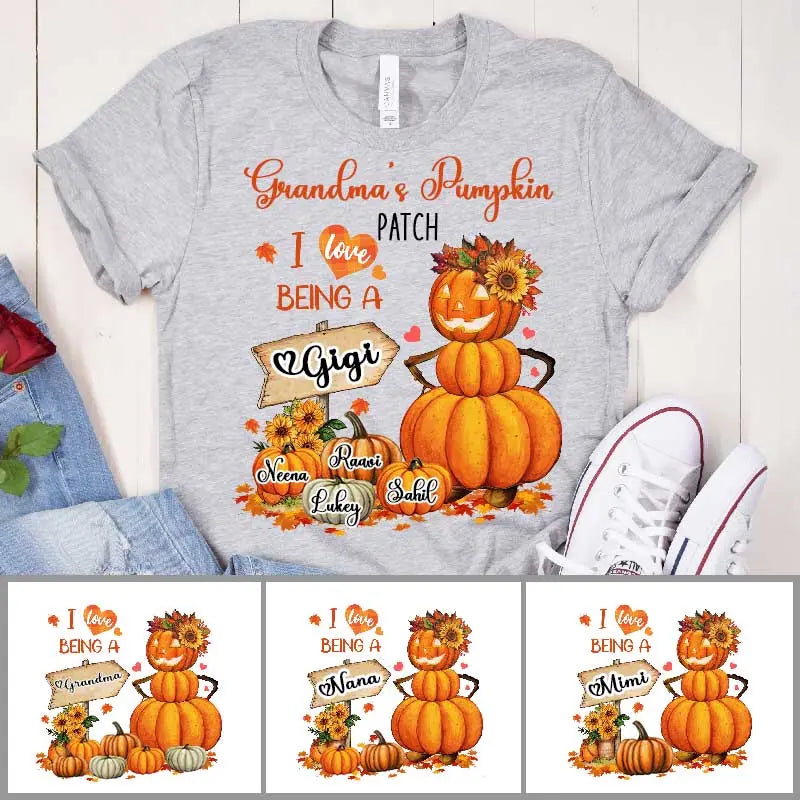 63153bcb46294_large_22a65202-f5f9-4b00-a0df-1aa2c6bf8faf Grandma & Kids Pumpkin T Shirts - I Love Being a Grandma Personalized Fall Pumpkin T Shirts Halloween Gifts - Image 1