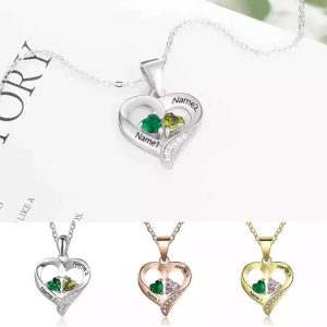 Personalized Heart Necklace - Custom Name Necklace Handmade Gemstone Set Silver Jewelry Valentine's Day Gifts