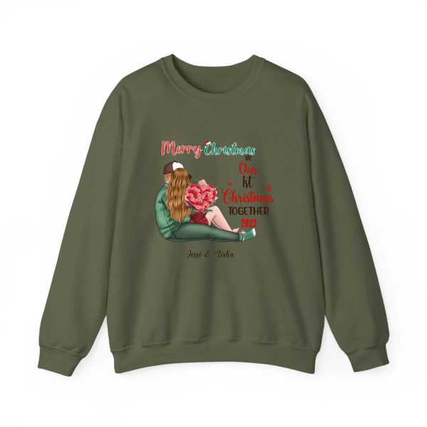 Our First Christmas Together Personalized Christmas Sweatshirt For Couple Military Green