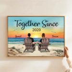 personalised couple canvas-Together Since Personalized Beach Landscape Poster & Canvas Painting with wood brown framed