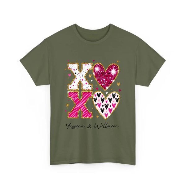 Personalized Couple T-shirts - XOXO Funny Matching Valentine’s Day Custom Name T-shirts  military Green