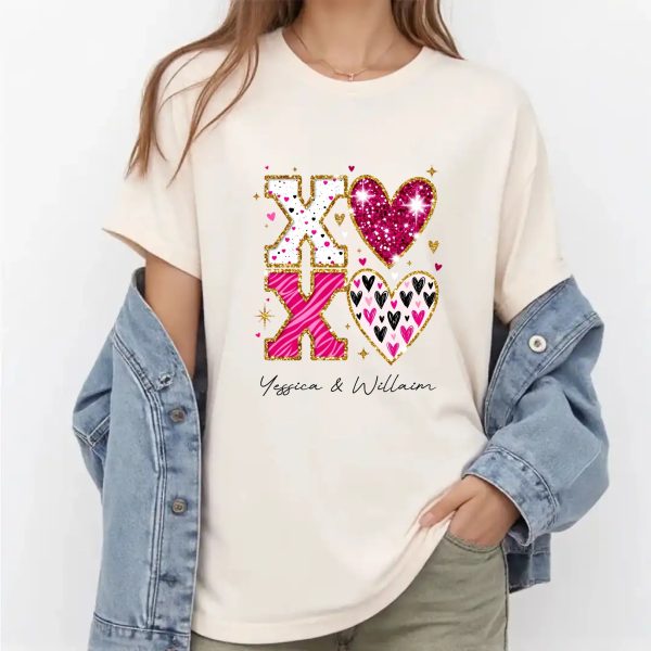 Personalized Couple T-shirts - XOXO Funny Matching Valentine’s Day Custom Name T-shirts for Couples white shirts