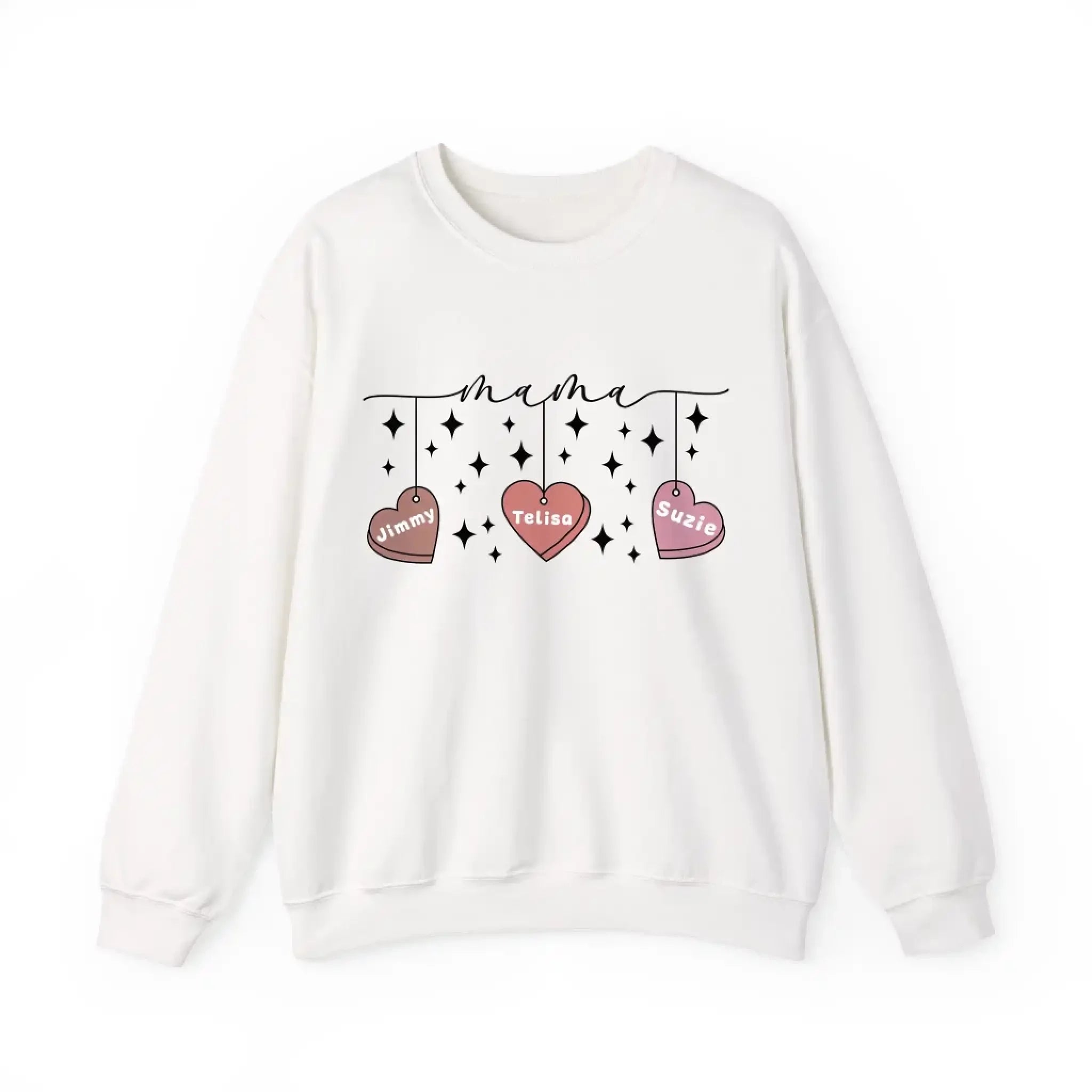 69be604256b08 Personalized Mama Crewneck Sweatshirt - Custom Name Hearts Design Up to 9 Names White