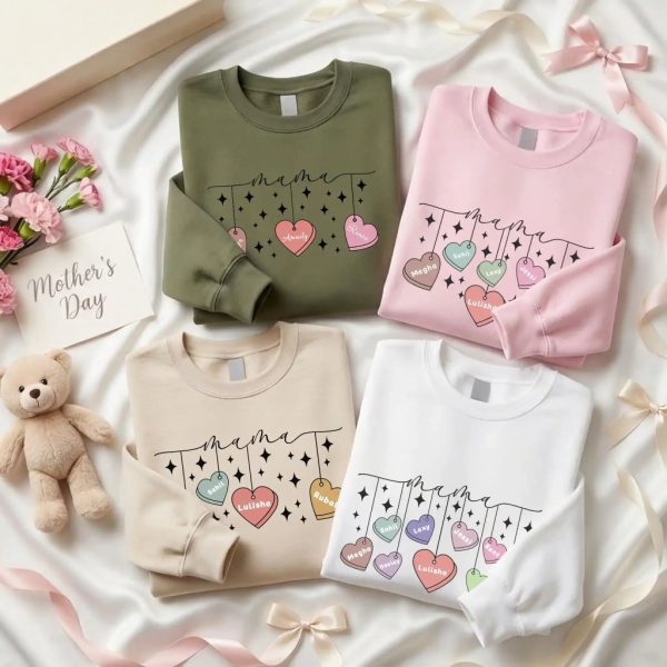 Personalized Mama Crewneck Sweatshirt - Custom Name Hearts Design Up to 9 Names