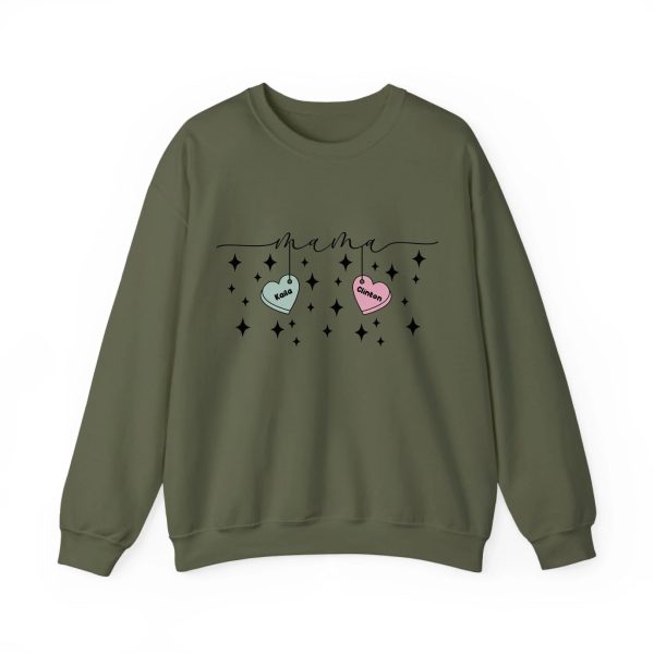 Personalized Mama Crewneck Sweatshirt - Custom Name Hearts Design Up to 9 Names Military Green