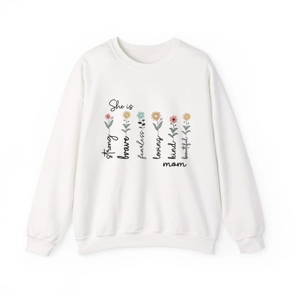 Custom Mom Gift - Personalized She is Strong Brave Fearless Floral Sweatshirt - Eco-Friendly US Cotton White