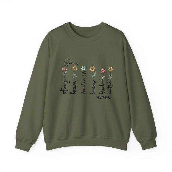 Custom Mom Gift - Personalized She is Strong Brave Fearless Floral Sweatshirt - Eco-Friendly US Cotton Military Green