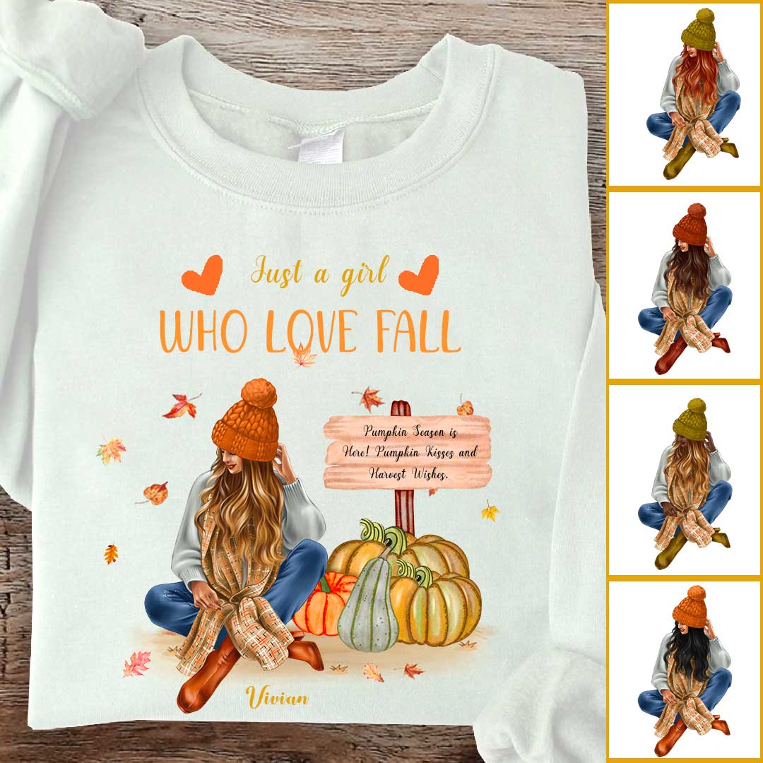 FallGirlSweatshirt-JustaGirlWhoLoveFallPersonalizedFallPumpkinSweatshirt Fall Girl Sweatshirt - Just a Girl Who Love Fall Personalized Fall Pumpkin Sweatshirt - Image 1